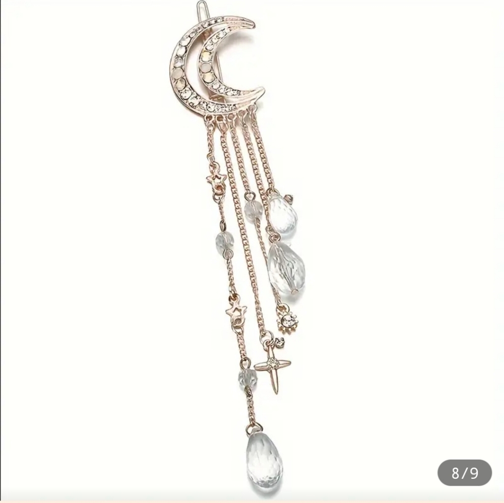 Elegant Gold Tone Crescent Moon Dangle Hair Clip - Picture 2 of 4